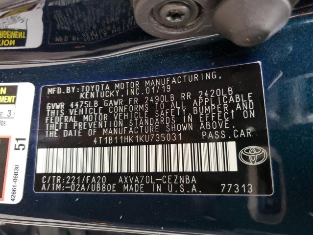 4T1B11HK1KU735031 Toyota CAMRY L