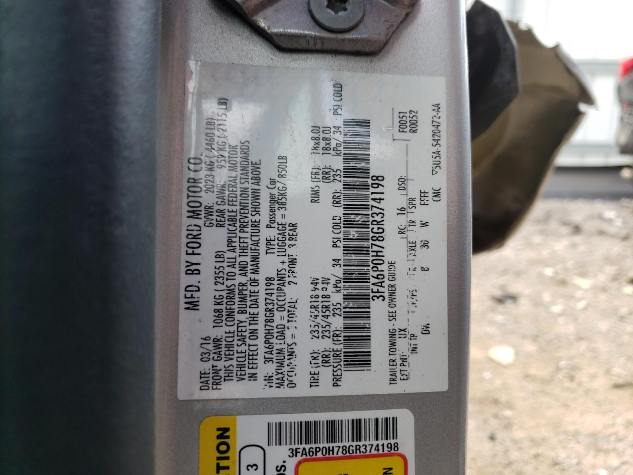 3FA6P0H78GR374198 FORD FUSION 2016