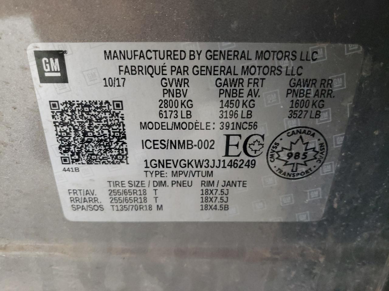 1GNEVGKW3JJ146249 CHEVROLET TRAVERSE 2018