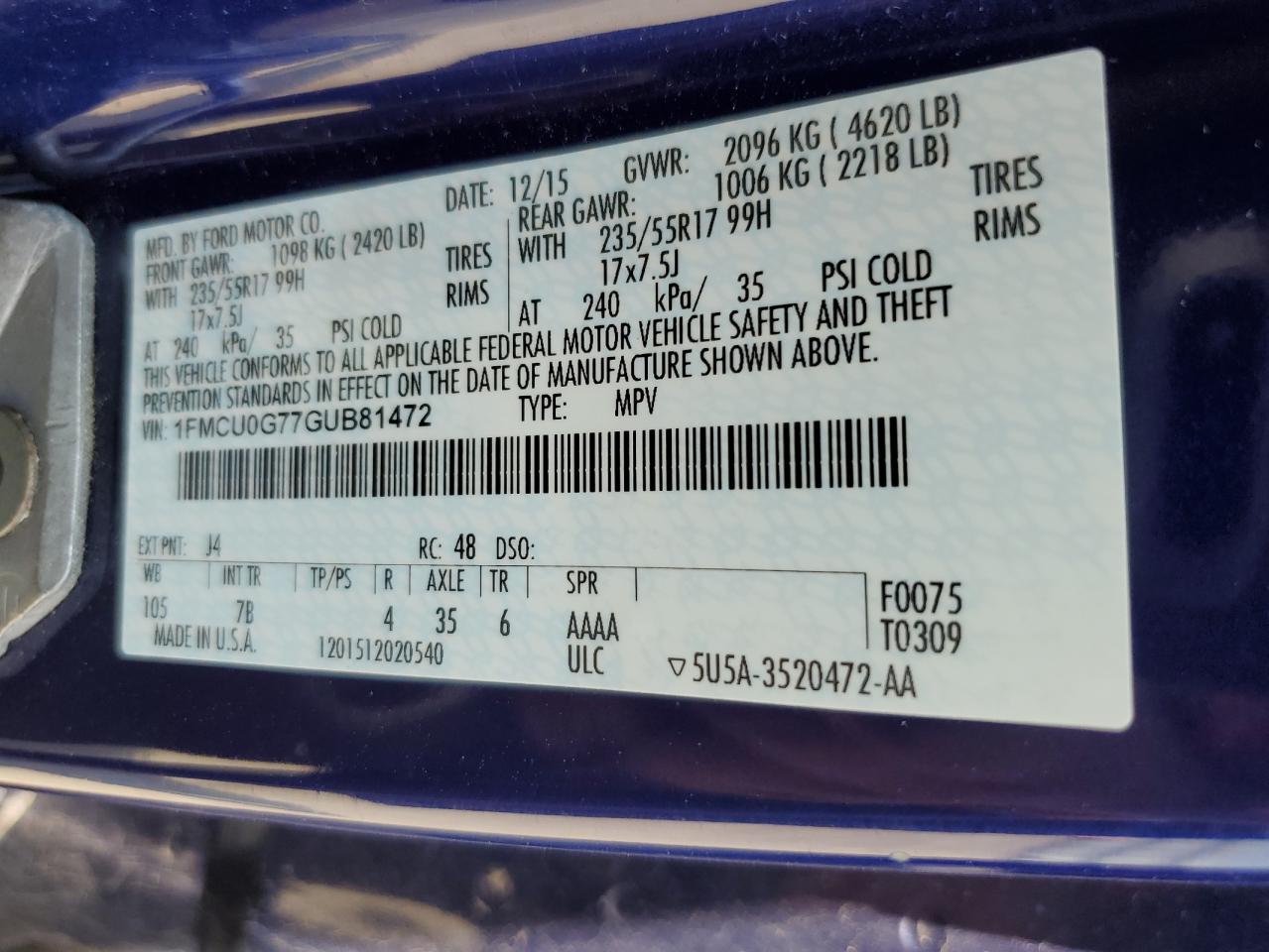 1FMCU0G77GUB81472 FORD ESCAPE 2016