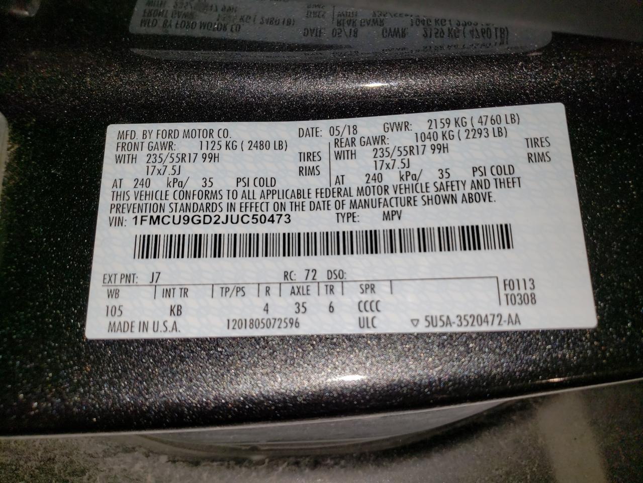 1FMCU9GD2JUC50473 FORD ESCAPE 2018