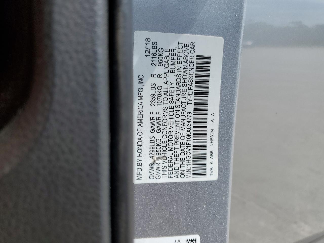 1HGCV1F10KA034779 HONDA ACCORD 2019