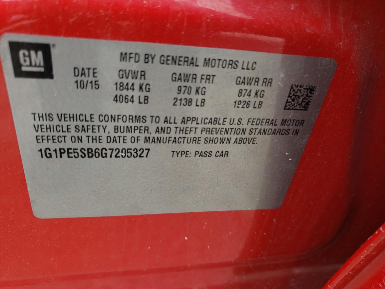1G1PE5SB6G7205327 CHEVROLET CRUZE 2016