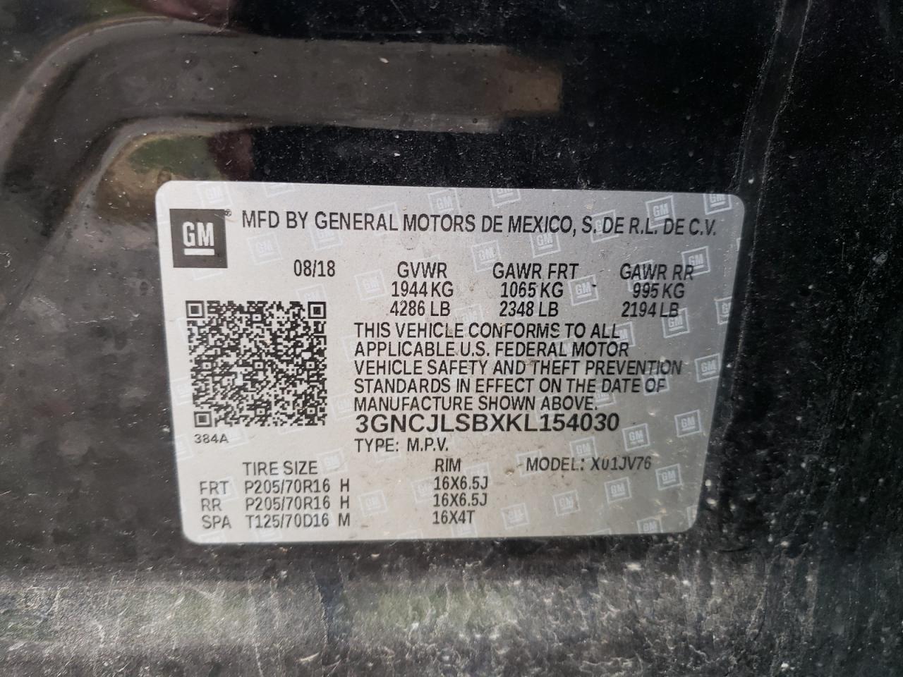 3GNCJLSBXKL154030 CHEVROLET TRAX 2019