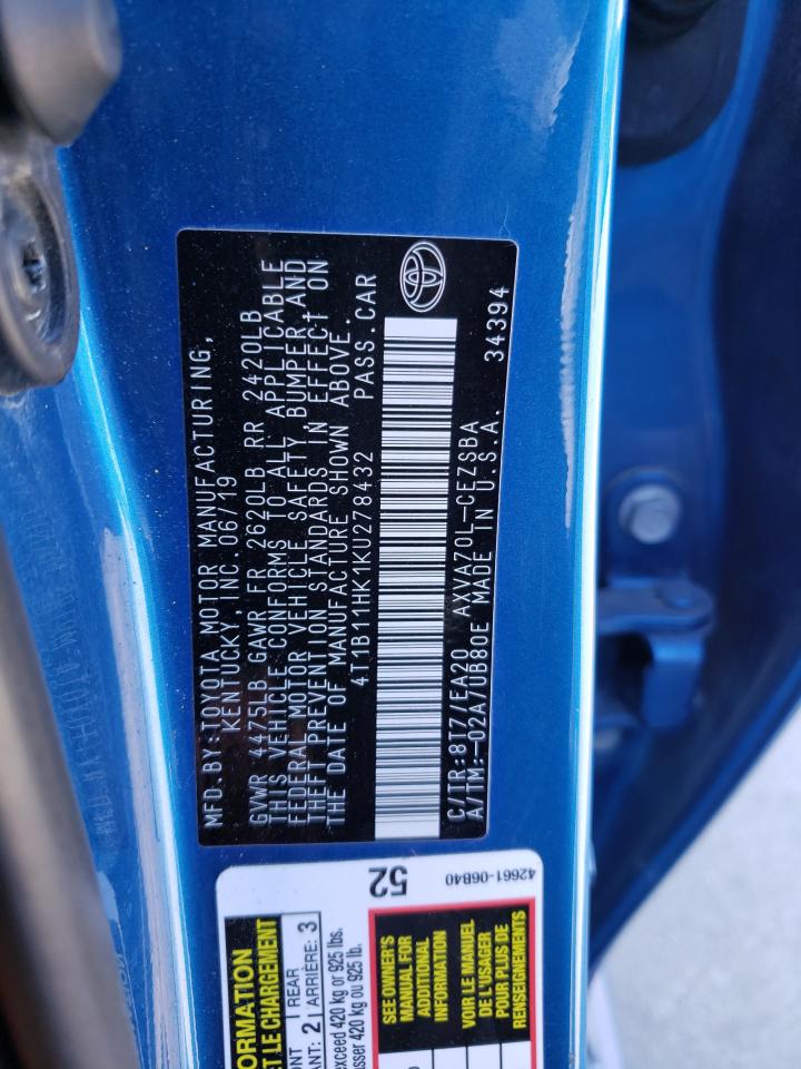 4T1B11HK1KU278432 TOYOTA CAMRY 2019