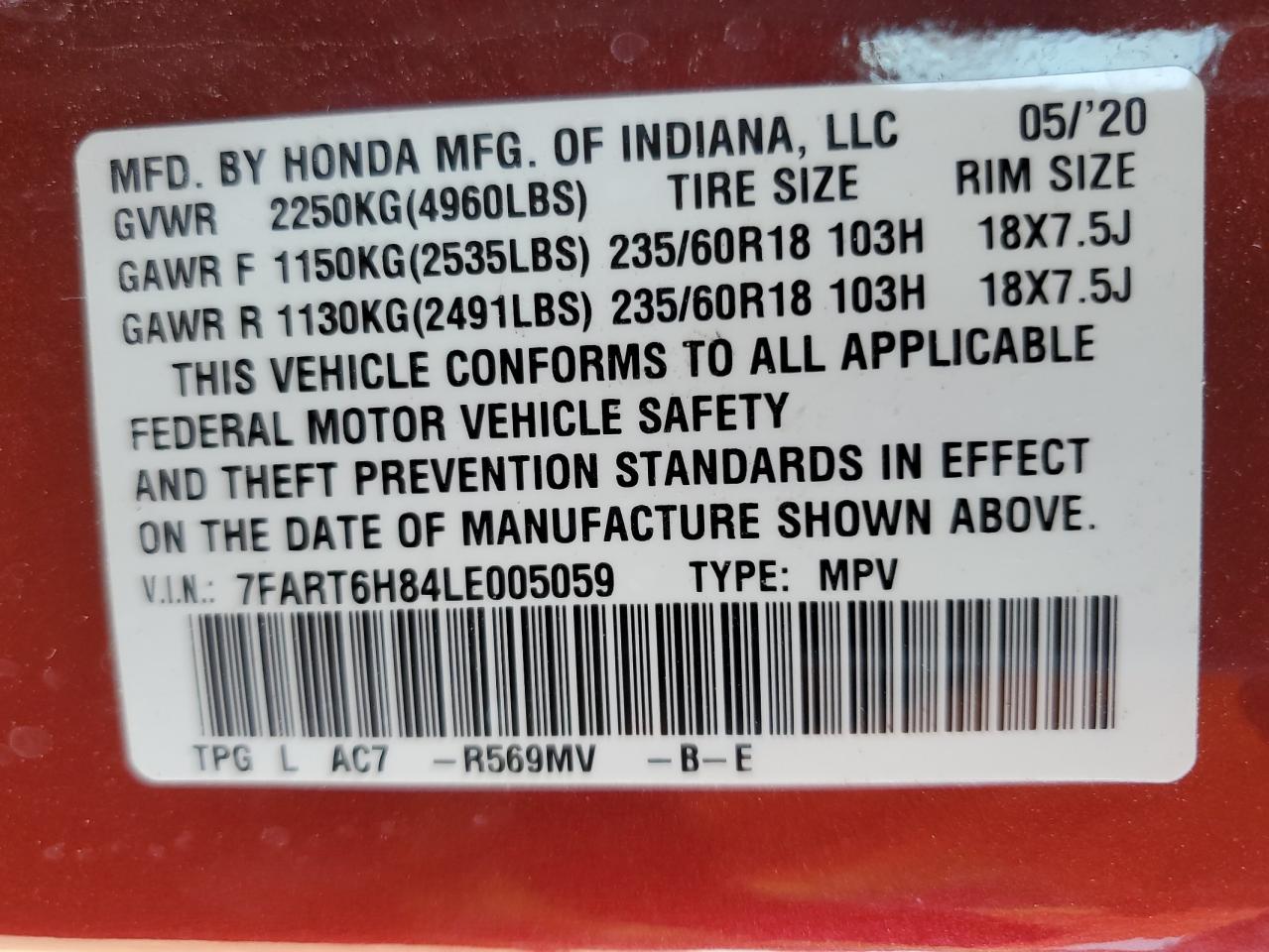 7FART6H84LE005059 HONDA CRV 2020