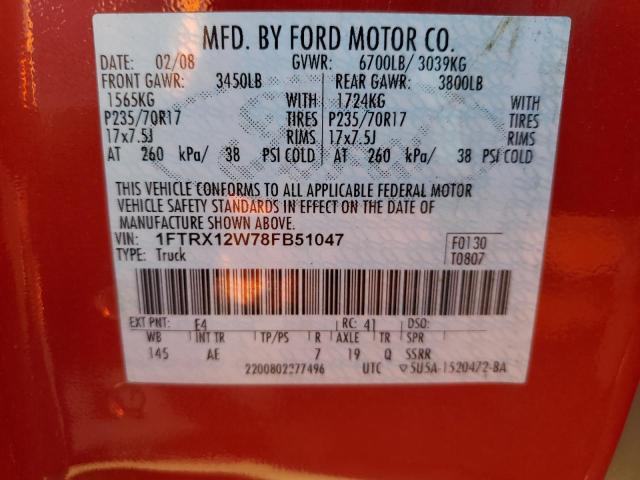 2008 Ford F150 VIN: 1FTRX12W78FB51047 Lot: 36802954