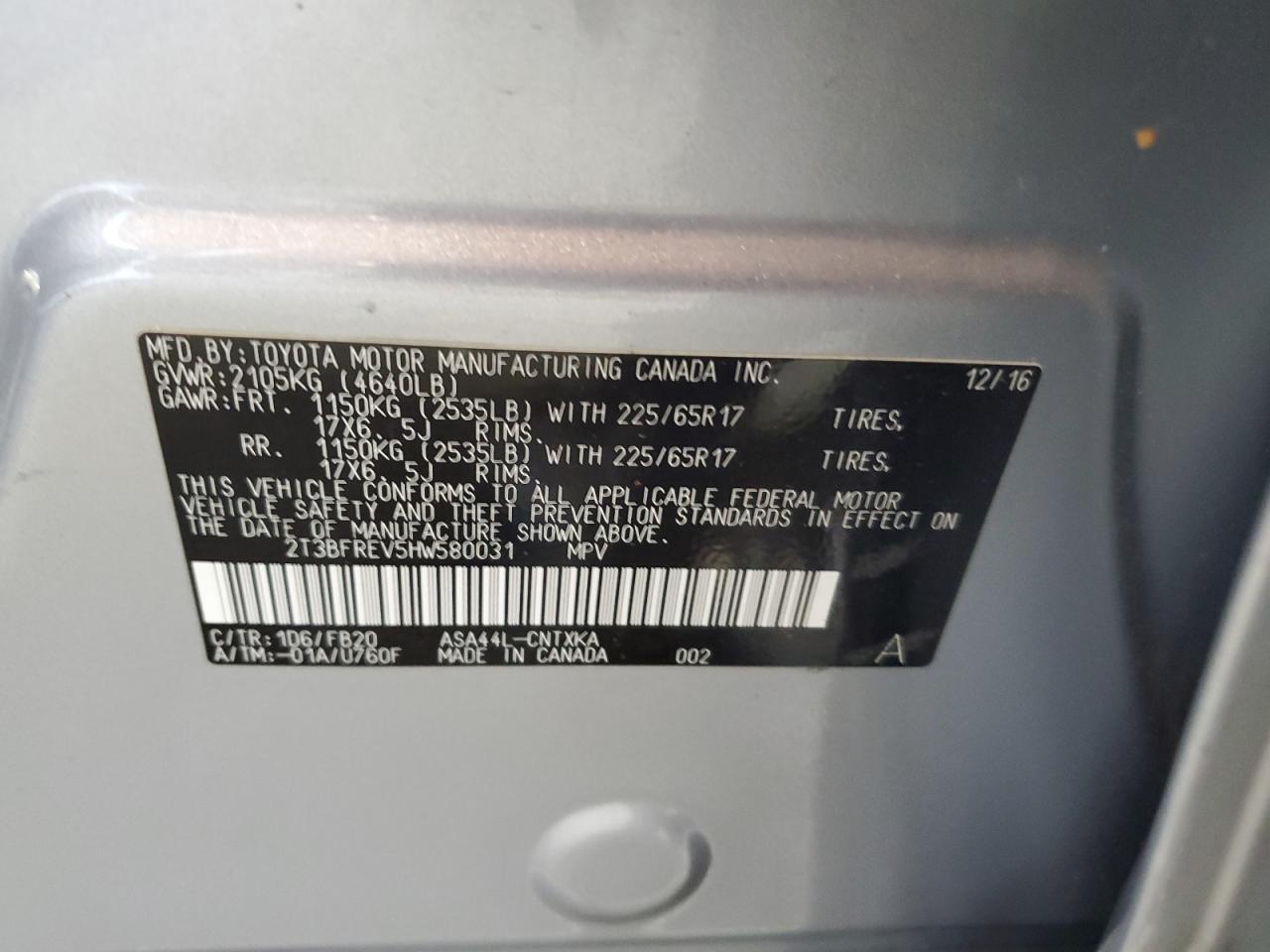2T3BFREV5HW580031 TOYOTA RAV4 2017