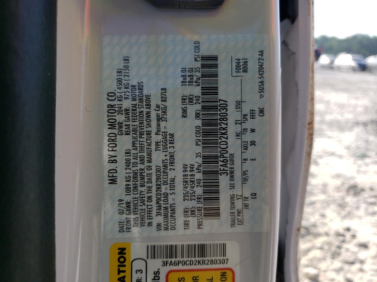 3FA6P0CD2KR280307 FORD FUSION 2019