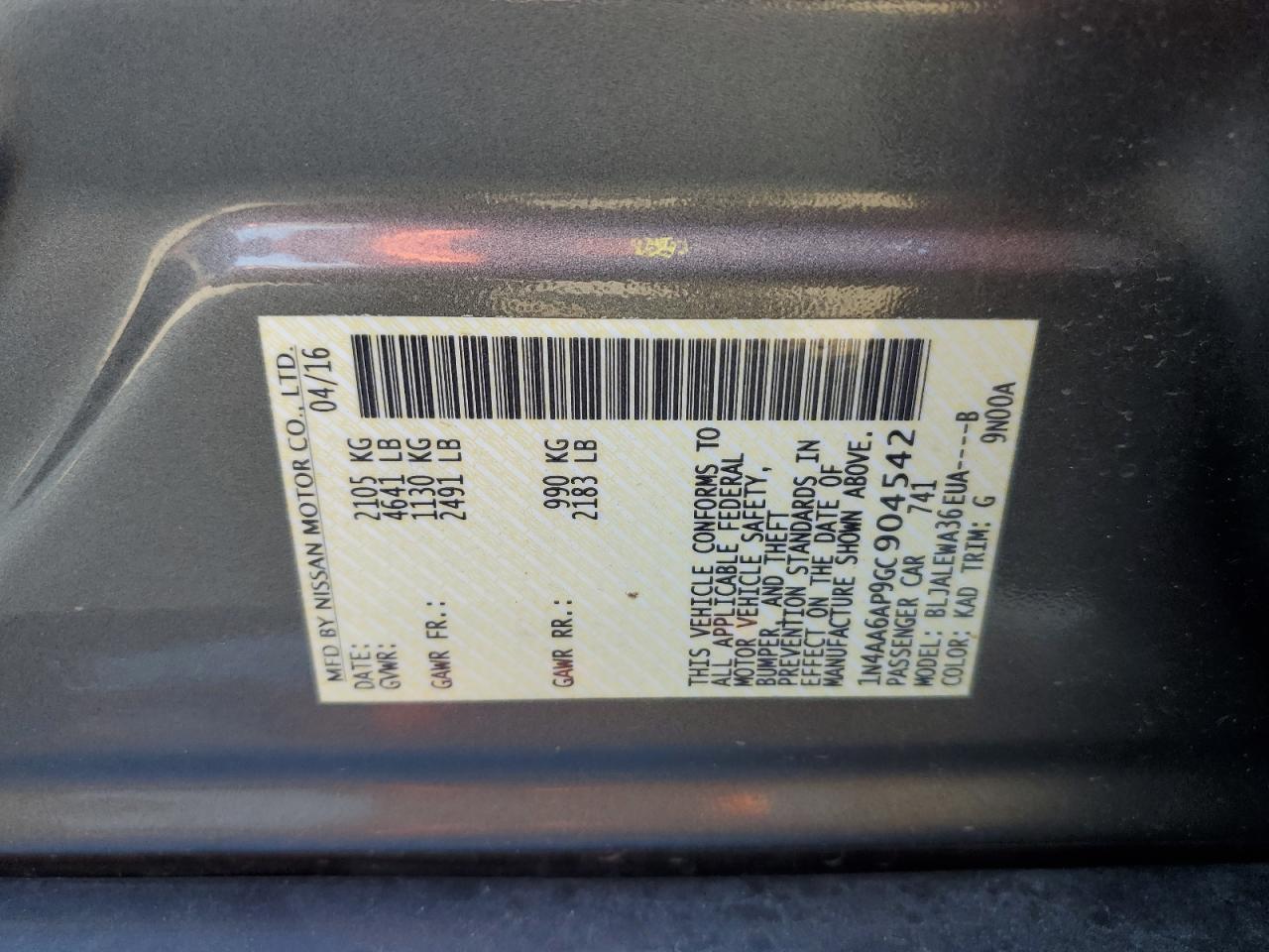 1N4AA6AP9GC904542 NISSAN MAXIMA 2016