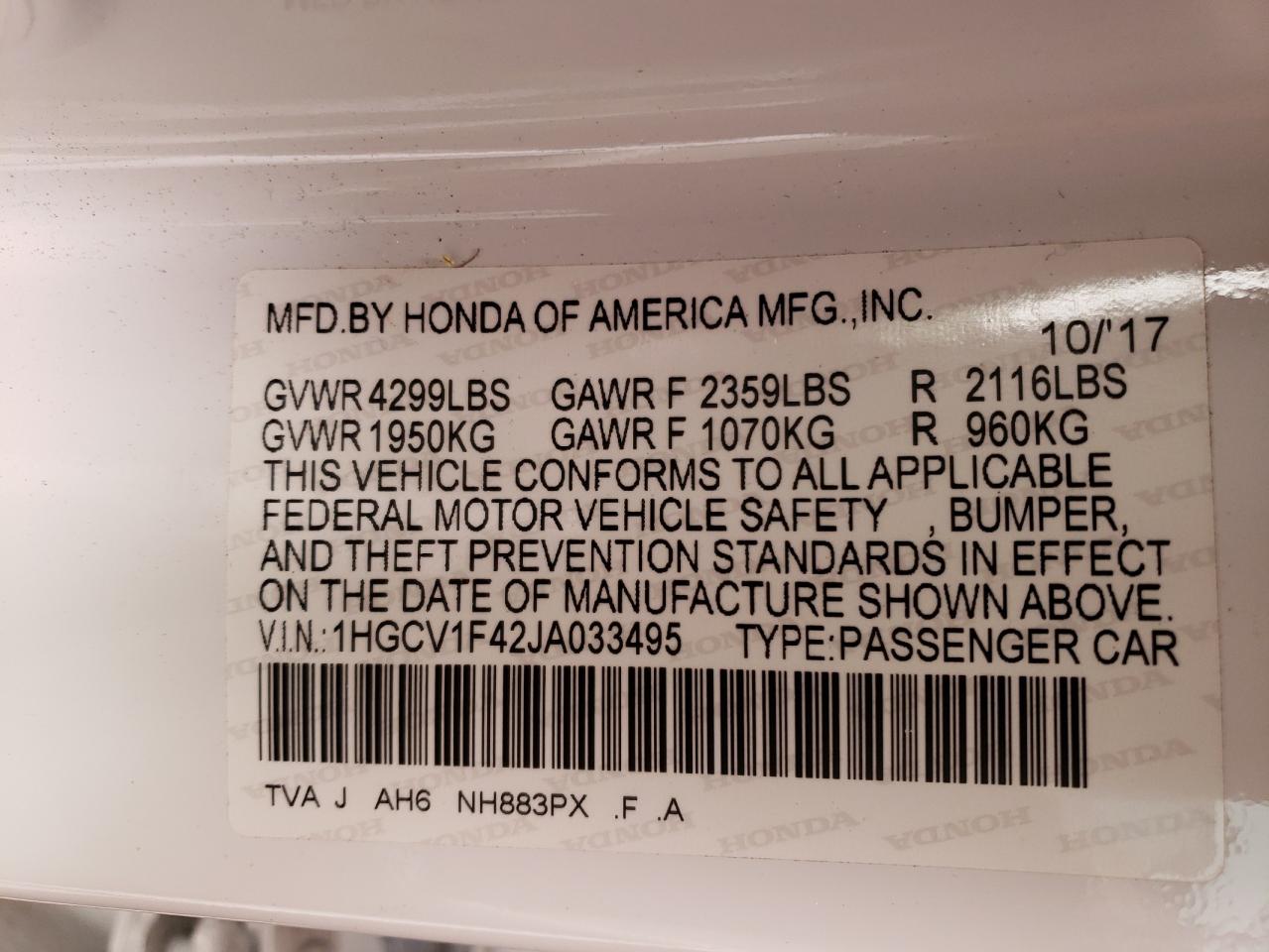 1HGCV1F42JA033495 HONDA ACCORD 2018