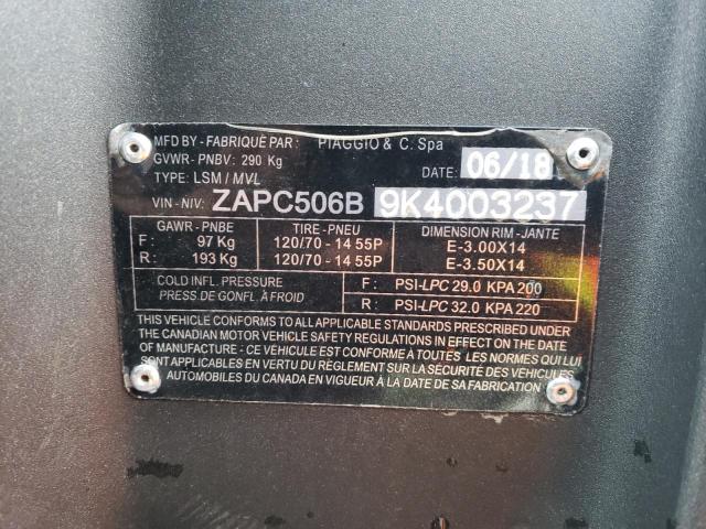 2019 PIAGGIO SCOOTER ZAPC506B9K4003237