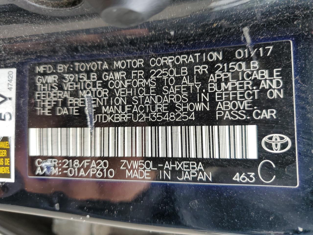 JTDKBRFU2H3548254 TOYOTA PRIUS 2017