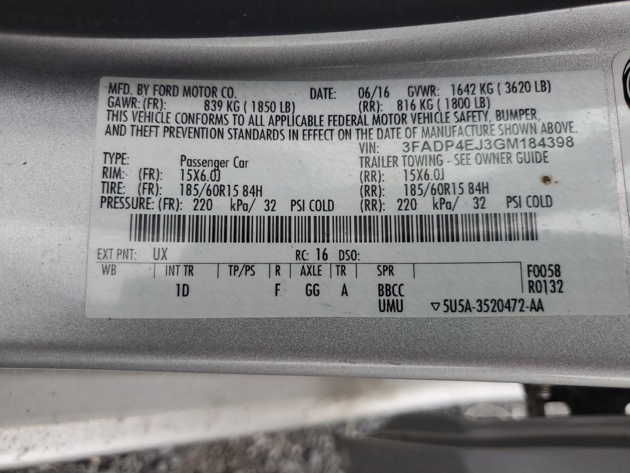 3FADP4EJ3GM184398 FORD FIESTA 2016