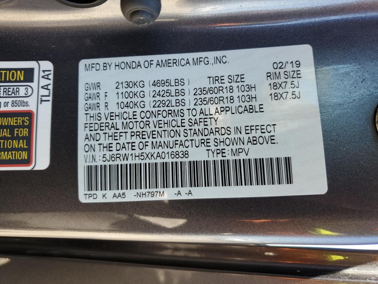 5J6RW1H5XKA016838 HONDA CRV 2019
