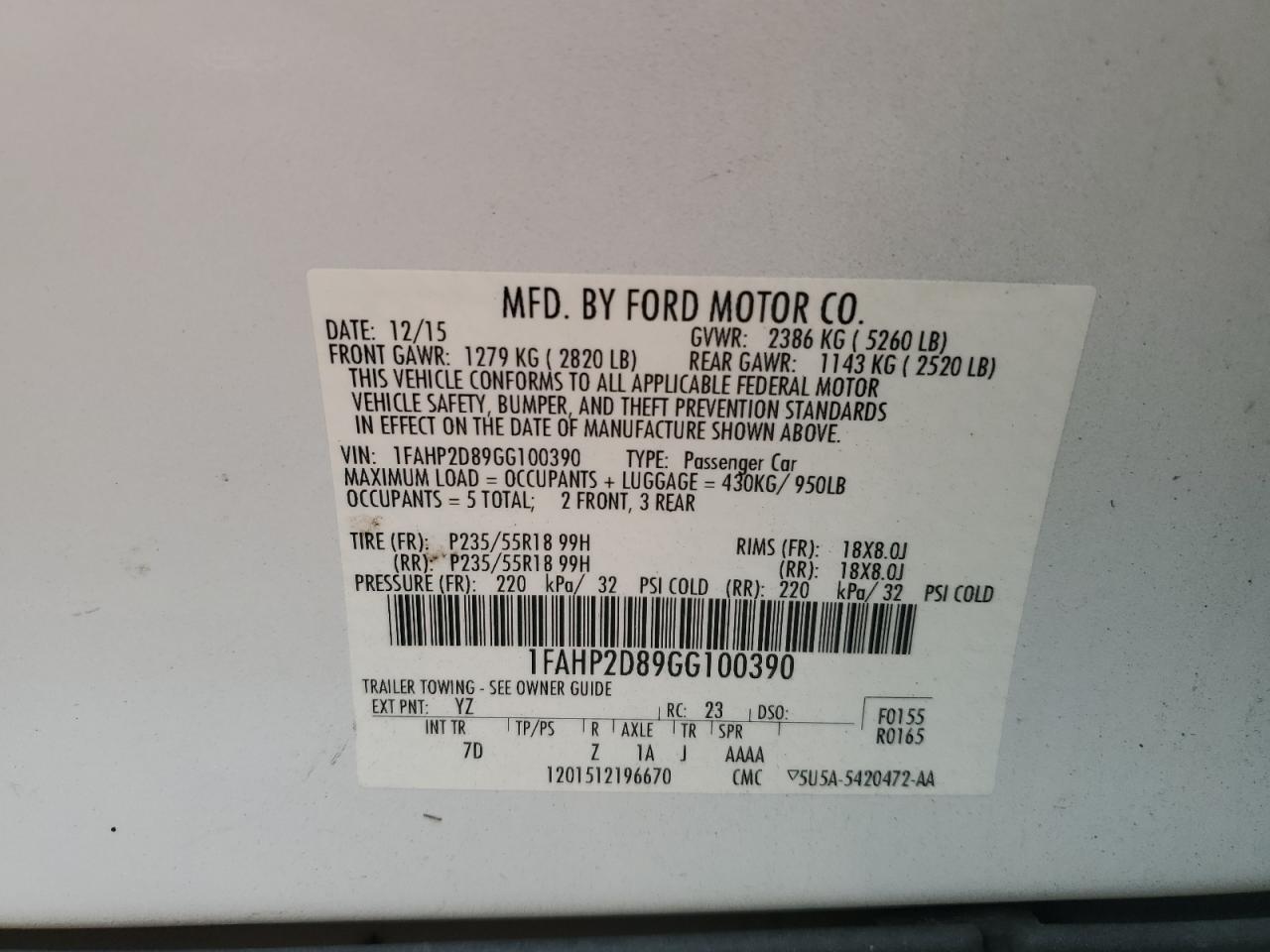 1FAHP2D89GG100390 2016 Ford Taurus Se