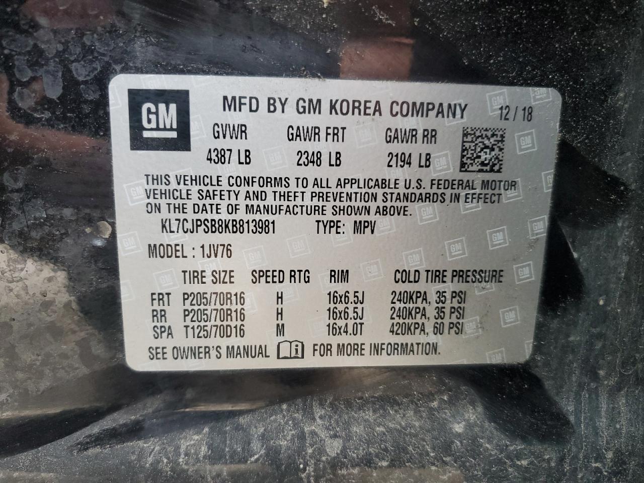 KL7CJPSB8KB813981 CHEVROLET TRAX 2019