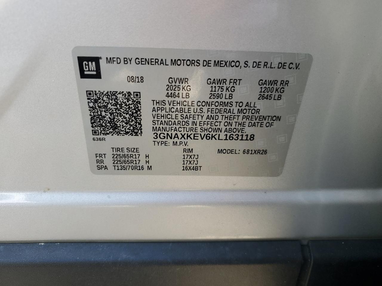 3GNAXKEV6KL163118 CHEVROLET EQUINOX 2019