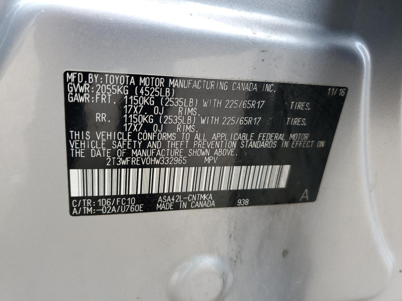 2T3WFREV0HW332965 TOYOTA RAV4 2017
