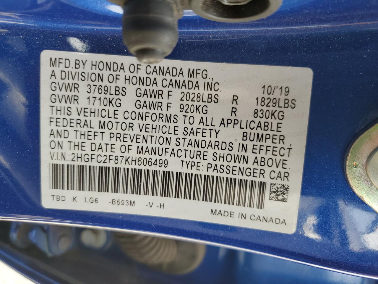 2HGFC2F87KH606499 HONDA CIVIC 2019