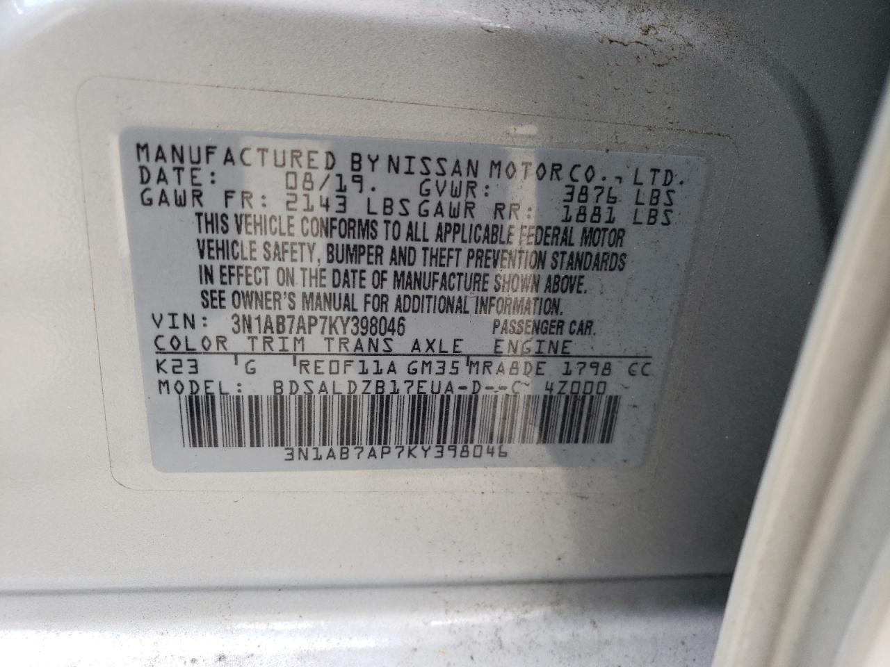 3N1AB7AP7KY398046 NISSAN SENTRA 2019