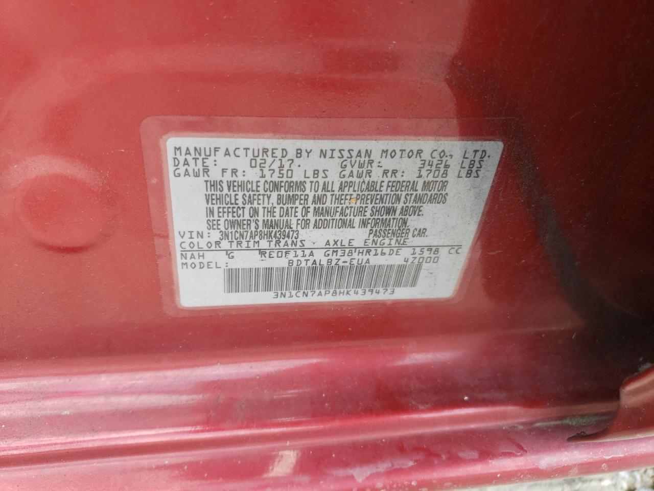 3N1CN7AP8HK439473 NISSAN VERSA 2017