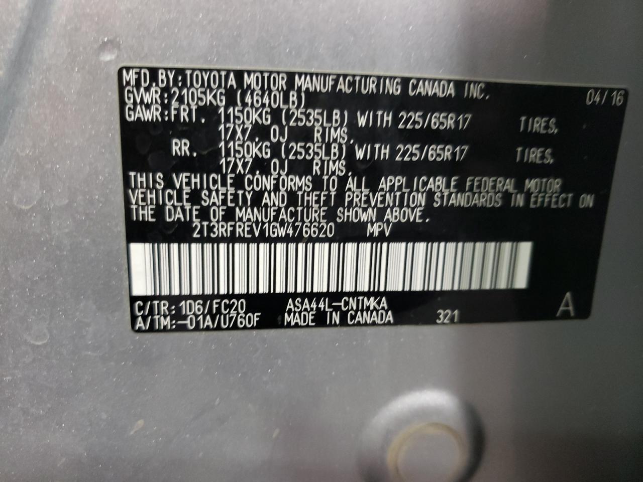 2T3RFREV1GW476620 TOYOTA RAV4 2016