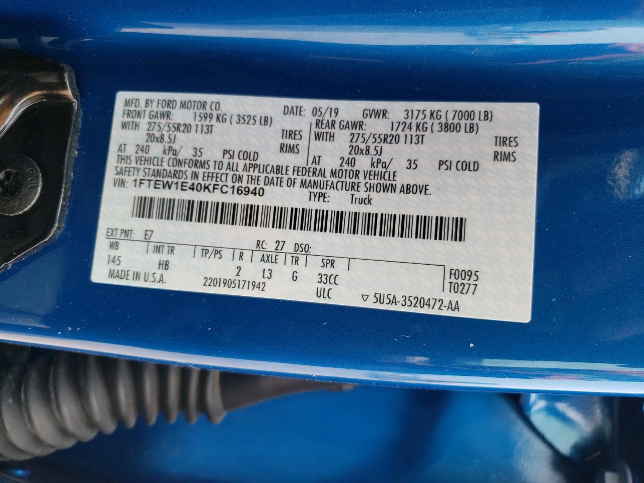 1FTEW1E40KFC16940 FORD F-150 2019