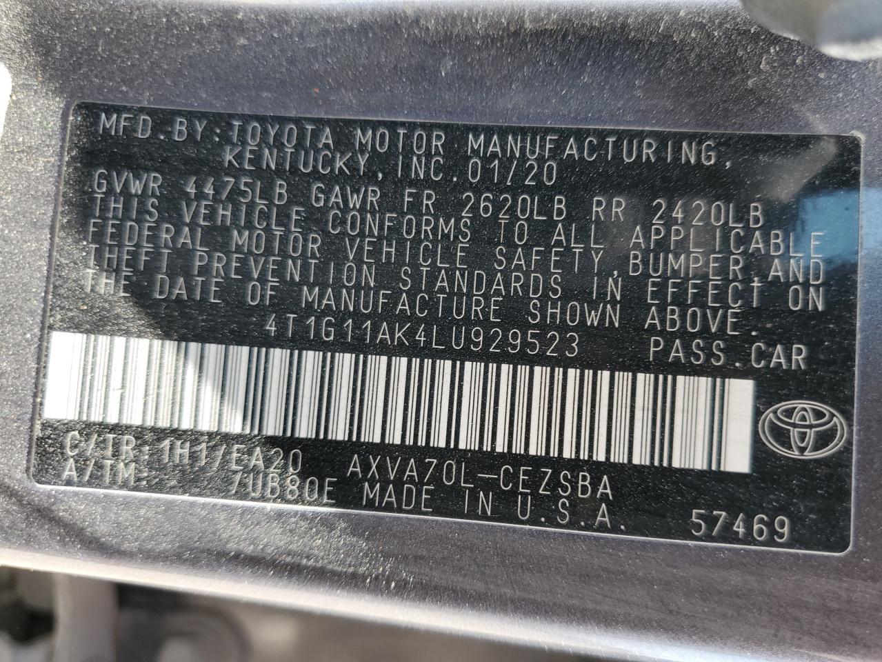 4T1G11AK4LU929523 TOYOTA CAMRY 2020