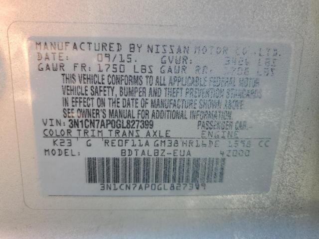3N1CN7AP0GL827399 Nissan VERSA S