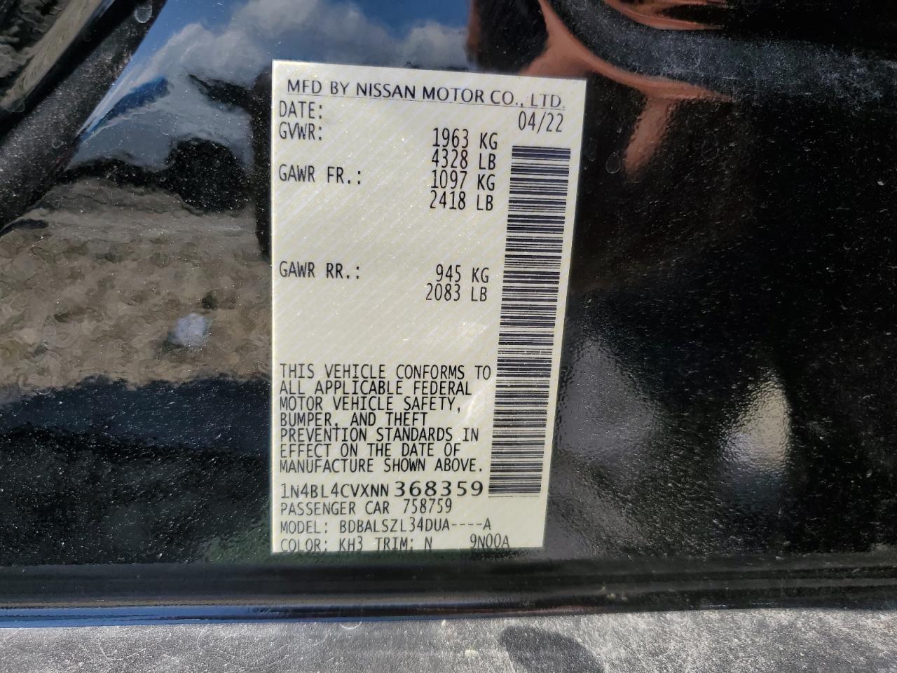 1N4BL4CVXNN368359 NISSAN ALTIMA 2022