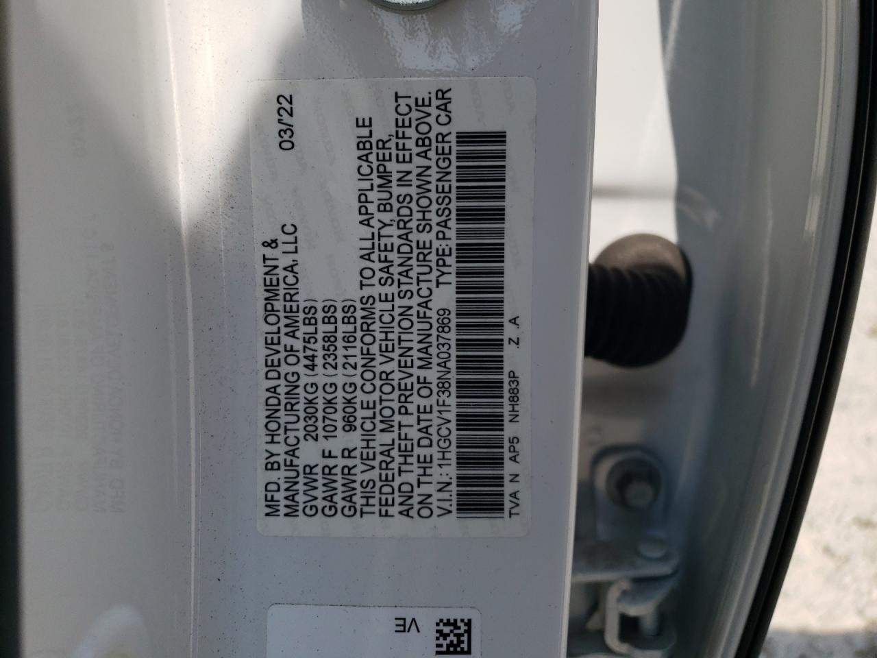 1HGCV1F38NA037869 HONDA ACCORD 2022