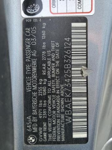 VIN: WBAEK73425B326124 Auction: COPART Lot: 54729843 Location: CA - SO SACRAMENTO WBAEK73425B326124 BMW 6 SERIES 2005 GRAY Photo 12