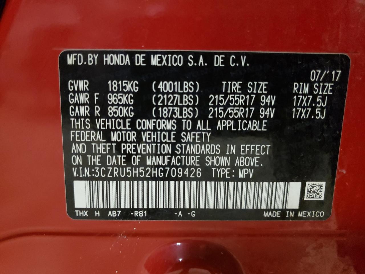 3CZRU5H52HG709426 HONDA HR-V 2017