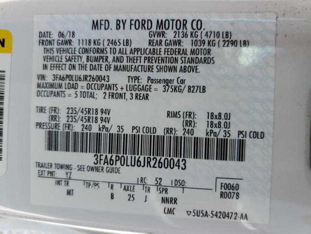 3FA6P0LU6JR260043 Ford Fusion Se Hybrid