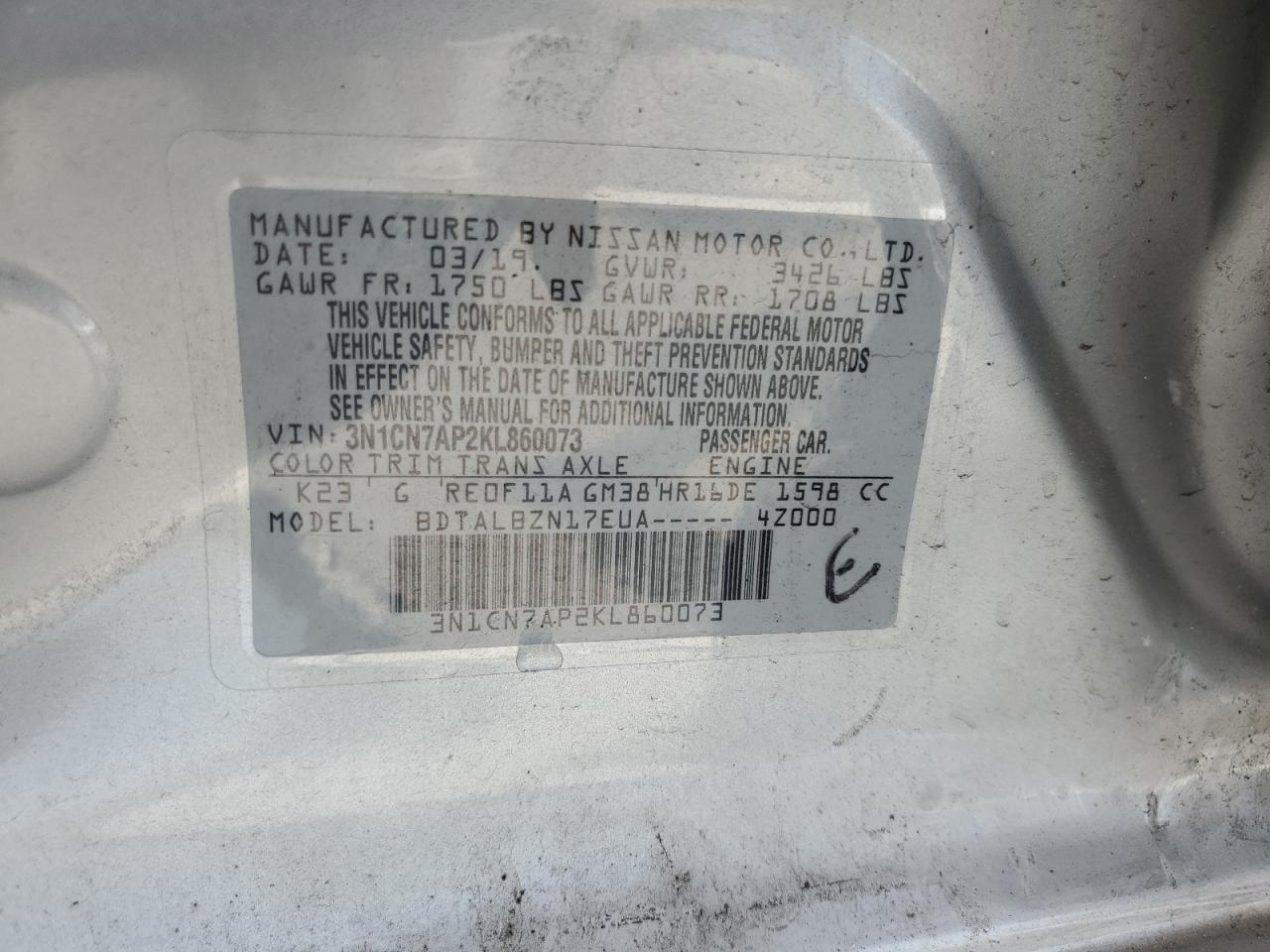 3N1CN7AP2KL860073 NISSAN VERSA 2019