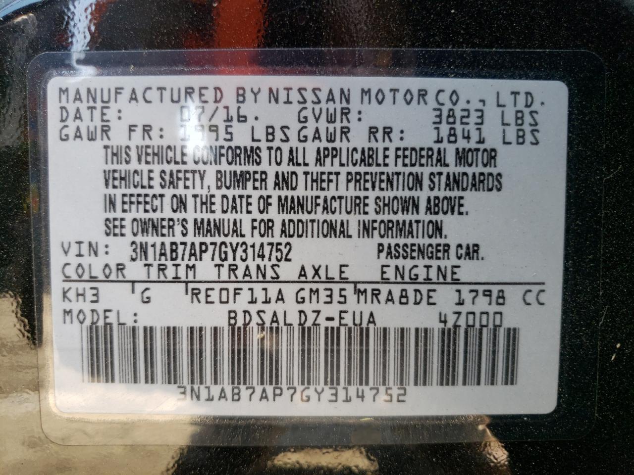 3N1AB7AP7GY314752 NISSAN SENTRA 2016