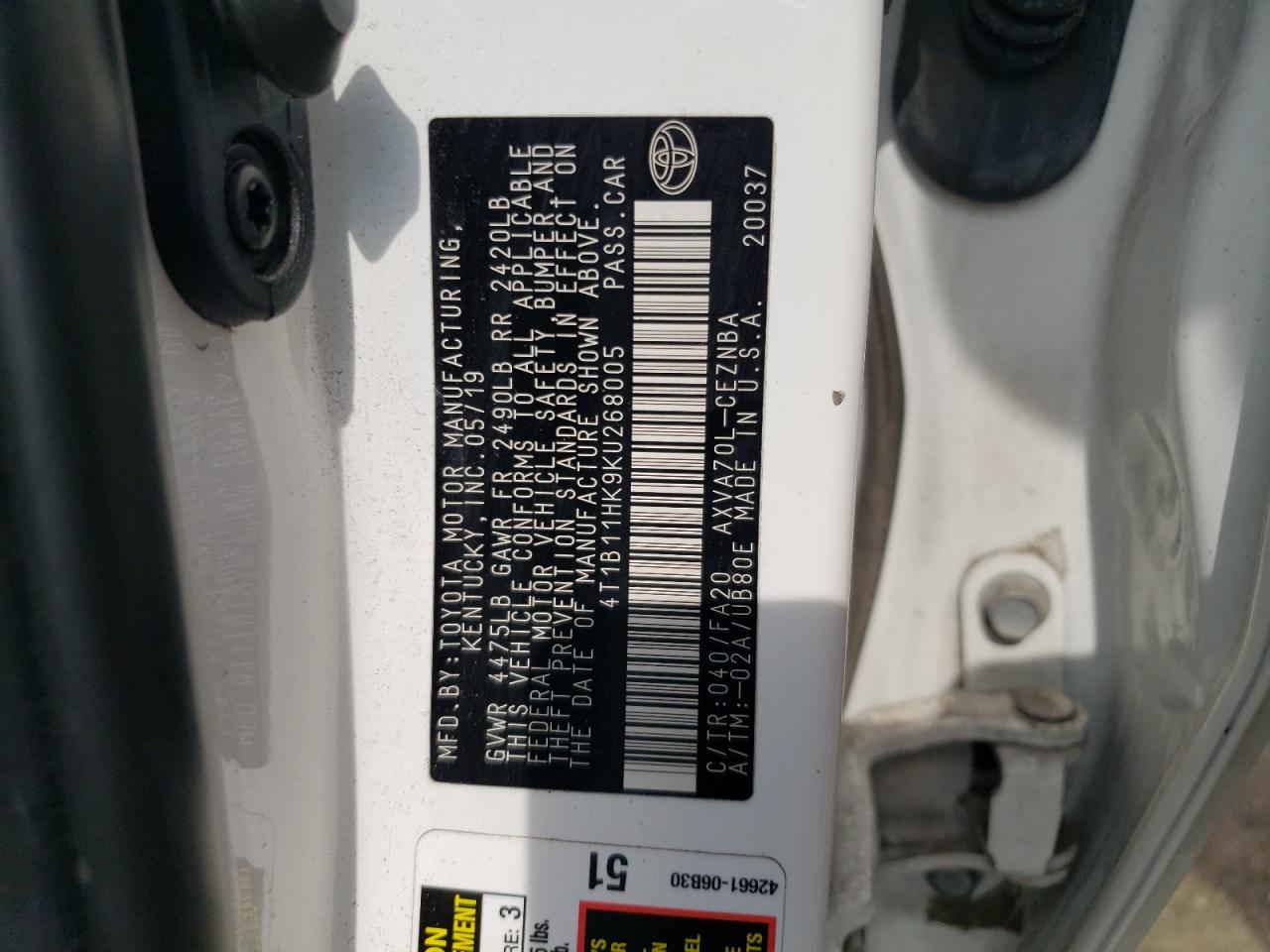 4T1B11HK9KU268005 TOYOTA CAMRY 2019