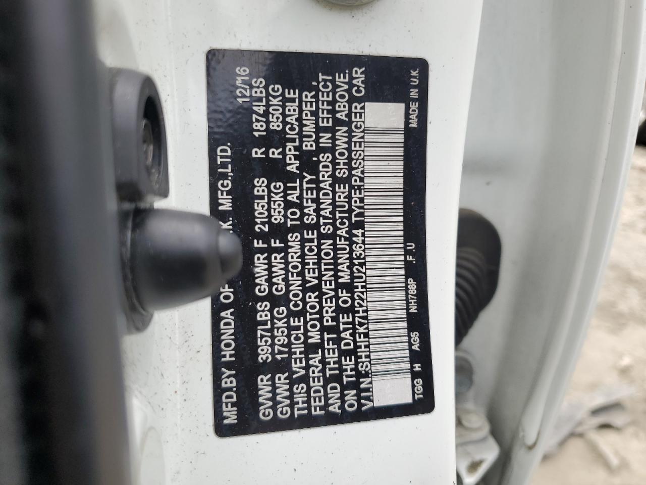 SHHFK7H22HU213644 HONDA CIVIC 2017