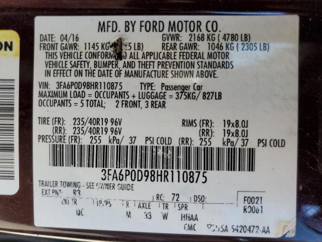3FA6P0D98HR110875 Ford Fusion Titanium