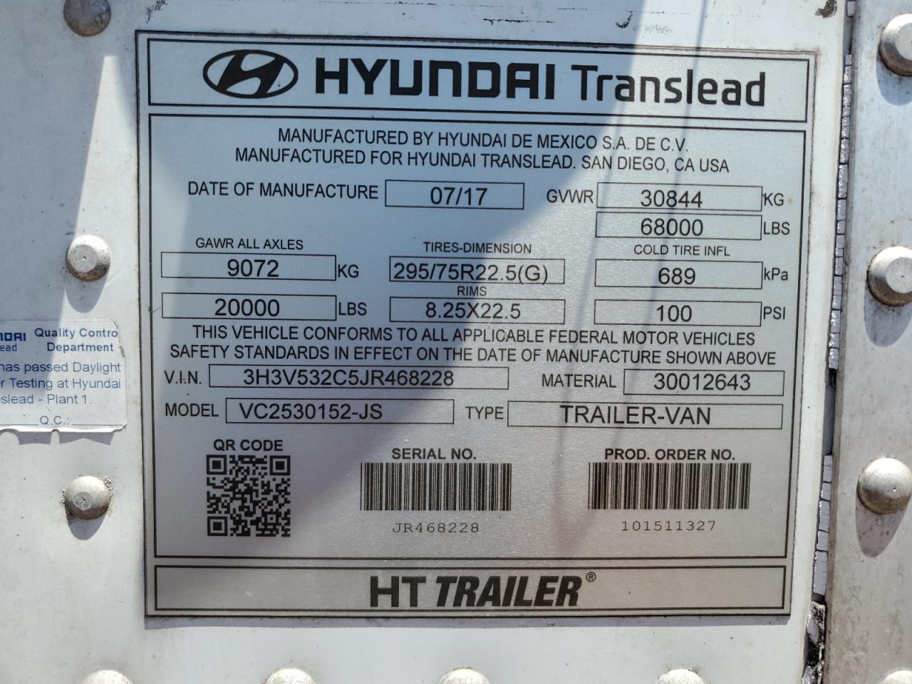 3H3V532C5JR468228 HYTR TRAILER 2018
