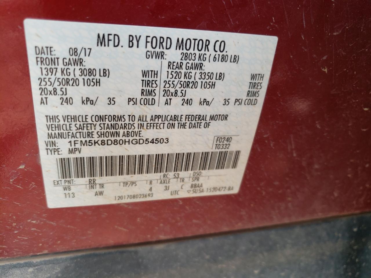 1FM5K8D80HGD54503 FORD EXPLORER 2017