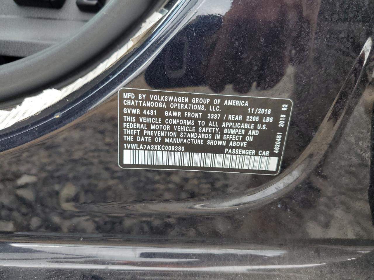 1VWLA7A3XKC009380 VOLKSWAGEN PASSAT 2019