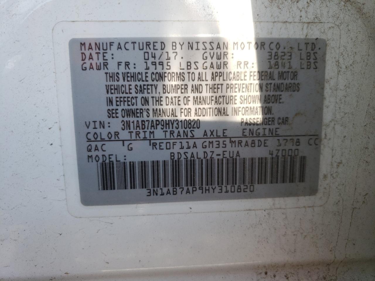 3N1AB7AP9HY310820 NISSAN SENTRA 2017