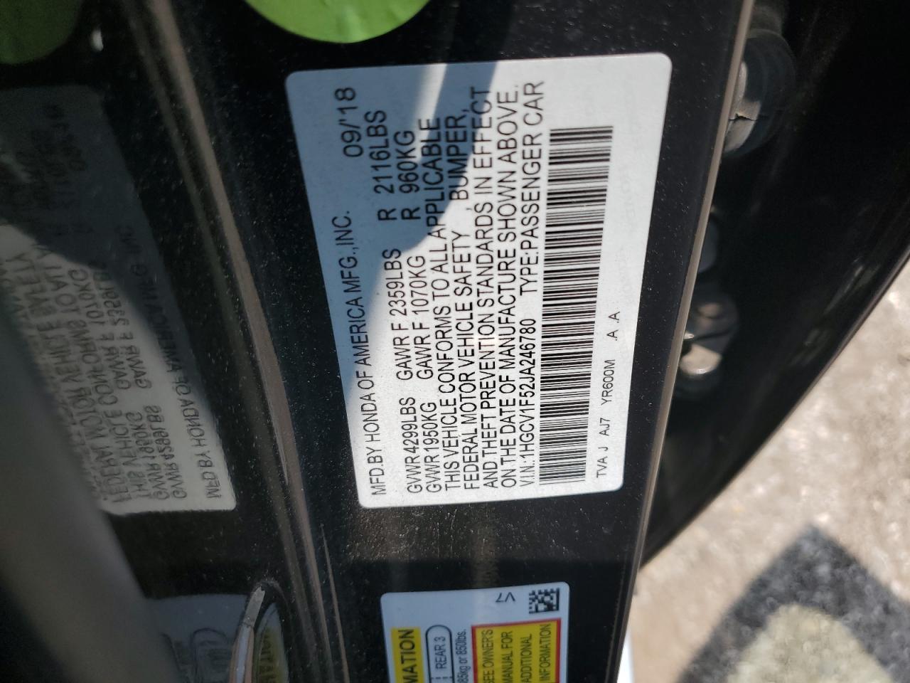 1HGCV1F52JA246780 HONDA ACCORD 2018