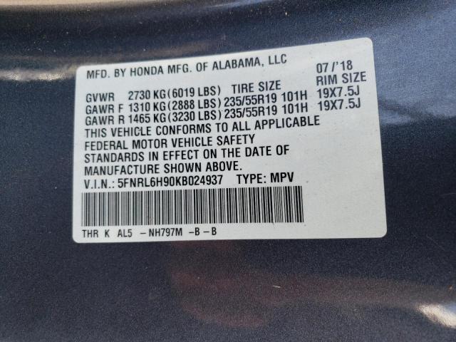 5FNRL6H90KB024937 2019 HONDA ODYSSEY, photo no. 13