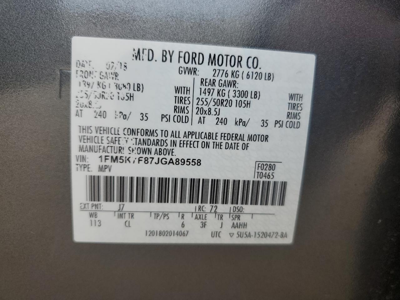 1FM5K7F87JGA89558 FORD EXPLORER 2018