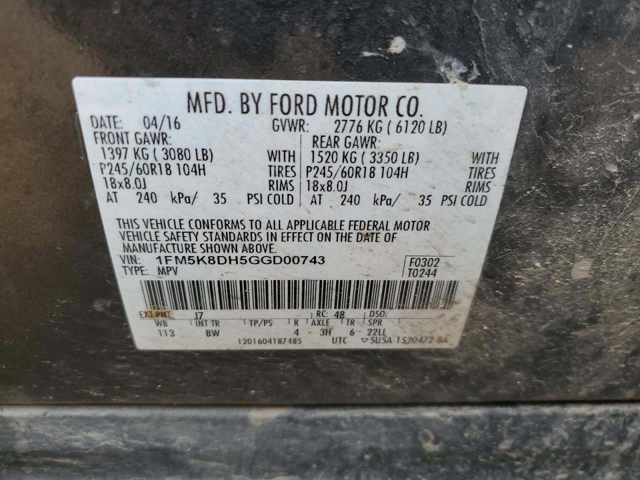 1FM5K8DH5GGD00743 FORD EXPLORER 2016