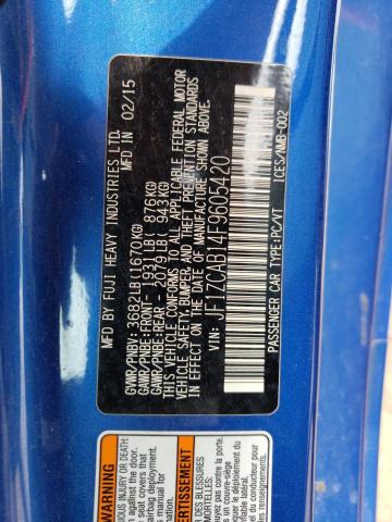 VIN: JF1ZCAB14F9605420 Auction: COPART Lot: 58174073 Location: IL - CHICAGO SOUTH JF1ZCAB14F9605420 SUBARU BRZ 2015 BLUE Photo 12