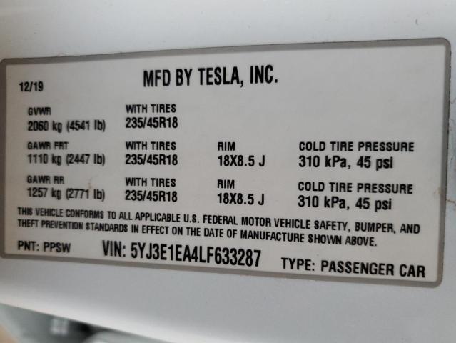 5YJ3E1EA4LF633287 Tesla MODEL 3